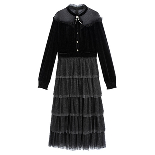 FEXATA斐格思2025冬季新品中长款蛋糕礼服丝绒小黑裙网纱连衣裙