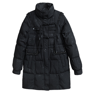 黑色盘扣立领外套字母2025年新款女装冬季修身收腰中长款羽绒服女