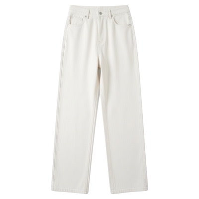 LUNAFUNG冯下文·白色水洗高腰直筒加绒牛仔裤女宽松显高显腿长裤