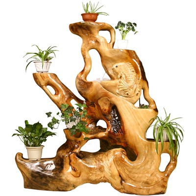 实木根雕花架天然客厅落地盆景架