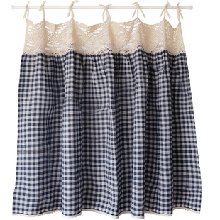 海盐榛子~澄澈深蓝棉布格子钩针祖母风美式半帘门帘小窗帘定制