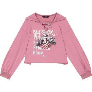 妖精的口袋粉色连帽印花短款卫衣女2026年早春新款小个子减龄上衣