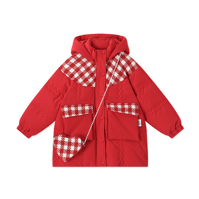 bduck小黄鸭童装女童羽绒服红色中长款拜年衣服儿童保暖冬装外套