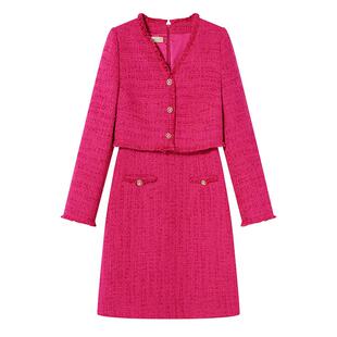 Goodland美地女装法式千金风粗花呢v领收腰小香风连衣裙短款