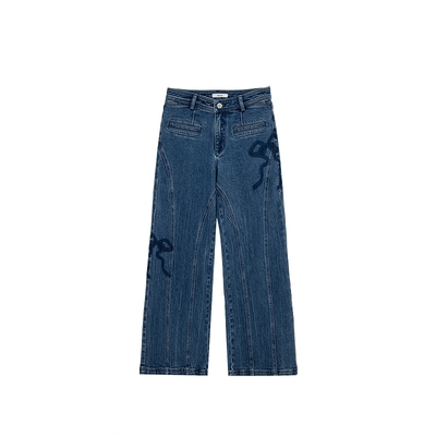 MESUX米岫25秋高支高密复古街头水洗蝴蝶刺绣直筒牛仔裤MNFUR413