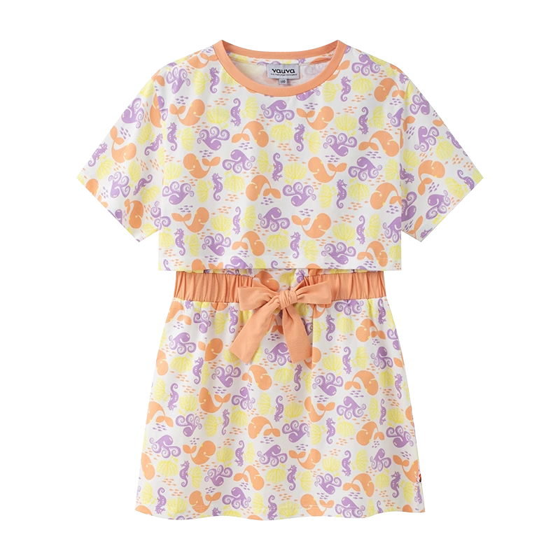 [Vauva]女童印花短袖连衣裙夏装女宝假两件棉蝴蝶结裙子