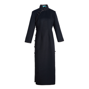 清秋*三重门秋冬真丝复古显瘦新中式毛呢中长款旗袍中国风高端女