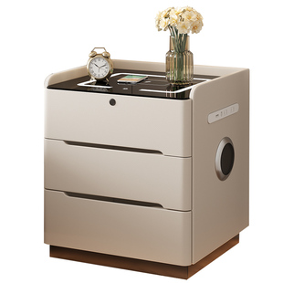 小型多功能实木床头柜卧室家用智能暗格床边柜奶油风带指纹锁插排