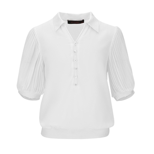 马天奴春夏新款纯色翻领半开襟衬衫压褶袖衬衣上衣法式气质女装