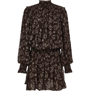 ONLY2025冬季新款复古印花泡泡袖荷叶边收腰高领褶皱短裙连衣裙女