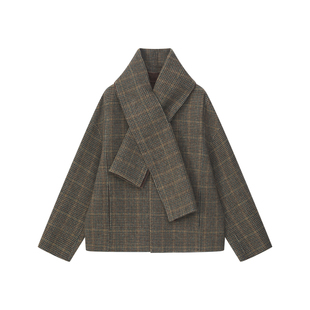 冬季短款双面羊毛大衣男士宽松格子羊毛围巾时尚高级纯手工外套潮