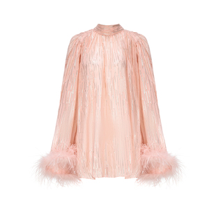 [甄选5折]NanaJacqueline鸵鸟毛透视真丝衬衫女重工亮丝系脖上衣