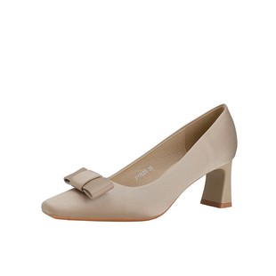 时尚秀气女鞋气质粗跟高跟鞋新款小方头蝴蝶结绸缎6cm浅口单鞋女