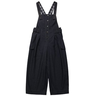 鹿与飞鸟「日杂报刊」风格设计款 蓝格卷边显瘦仿牛仔背带裤7262