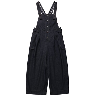 风格设计款蓝格卷边仿牛仔背带裤