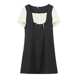 大码胖美眉撞色方领连衣裙宽松显瘦遮肉减龄百搭中长款裙子32246