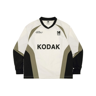 KODAK柯达长袖t恤2025年春季新款男女同款V领宽松拼色字母上衣