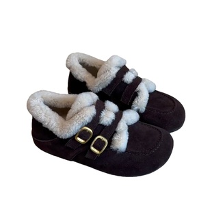 真皮~加绒乐福鞋女2025新款冬季雪地靴软底保暖棉鞋毛毛勃肯单鞋