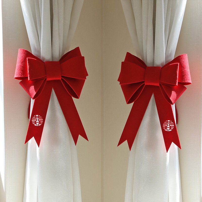 结婚蝴蝶结装饰套装新房卧室窗帘方男女无纺布装饰网蝴蝶结红