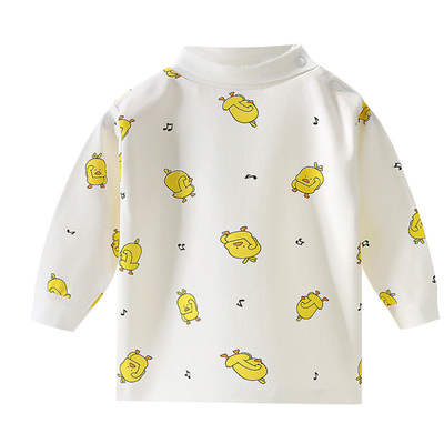 婴儿纯棉高领上衣男宝宝肩扣长袖打底衫女孩秋冬款秋衣新生儿睡衣