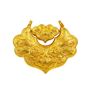 老克勒古法黄金锁錾刻连年有余吊坠鱼锁足金项链脖绳脖颈链项坠女