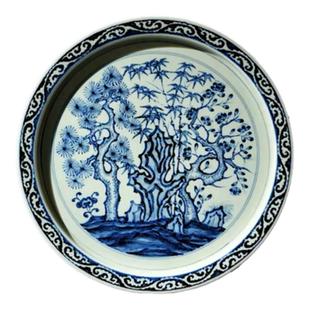 三余苏料系列洪武青花手绘松竹梅壶承中式仿古陶瓷纯手工托盘摆件