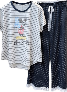 Gill Aimar小熊家睡衣女款夏季米奇条纹短袖八分裤家居服套装8530