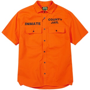 核爆炸潮牌二代橘色美式囚服纯棉衬衫休闲宽松大码工装服短袖衬衣