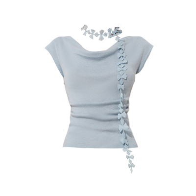 DPLAY【惠品】2025年秋季新款蓝色上衣女修身含羊毛短袖针织衫t恤