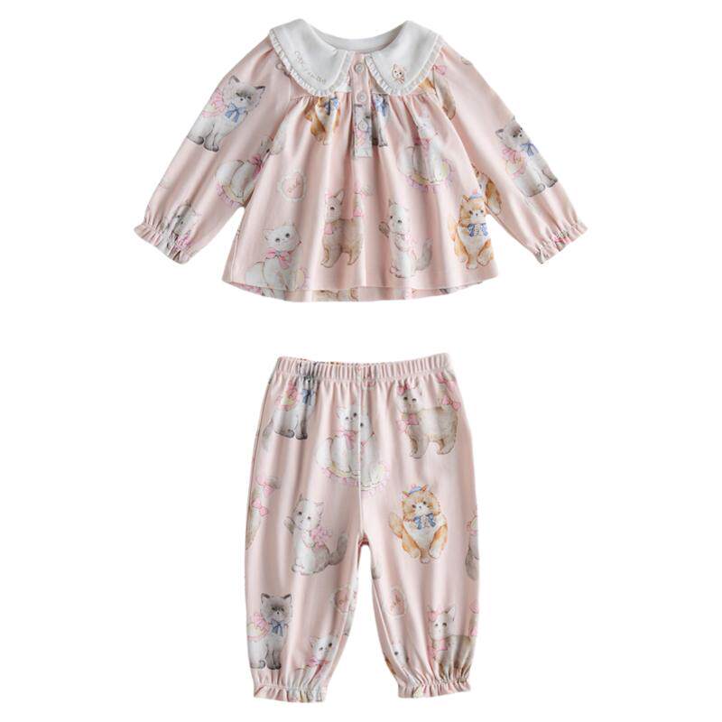 OAK FAMILY长袖女童家居服套装秋季翻领绣花女孩纯棉睡衣