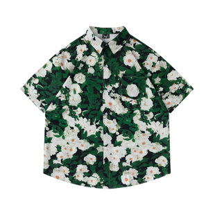 HTTAOSUP复古绿油画花朵小众慵懒风潮ins休闲百搭艺术感短袖衬衫