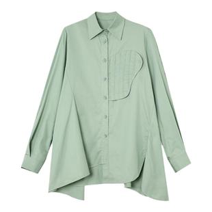 JfYanYan秋季上衣设计感小众单穿绿色衬衫大款打底衬衣女遮屁股
