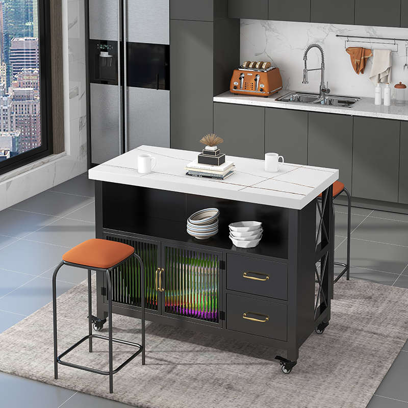 厨房餐边桌岩板料理台中岛台收纳置物桌操作台铁艺家用简约备餐桌
