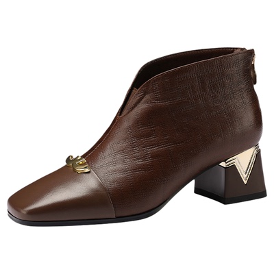 及踝靴女中跟春秋季新款方头真皮中年妈妈鞋时尚短靴复古1690B-11