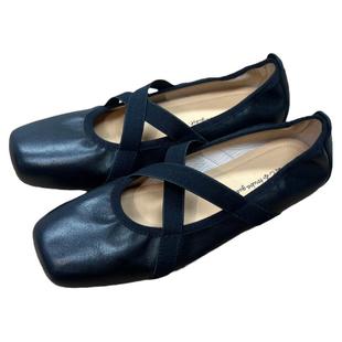 软底蛋卷鞋女外穿方头单鞋黑色交叉绑带芭蕾舞鞋平底休闲奶奶鞋