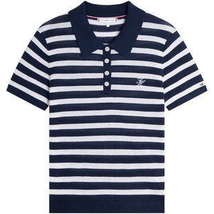 Tommy26春夏女装轻薄桑蚕丝混纺优雅通勤刺绣条纹POLO短袖针织衫