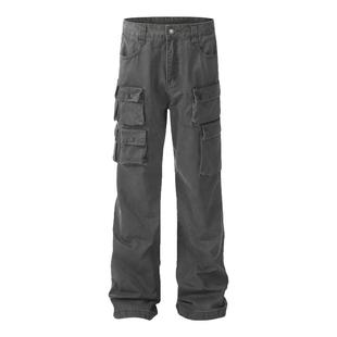 SWAG高街碳磨水洗多口袋工装长裤直筒cleanfit微喇重磅牛仔裤男女