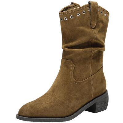 百丽复古绒面时装靴女冬新显瘦V口百搭西部牛仔靴B3009DZ5