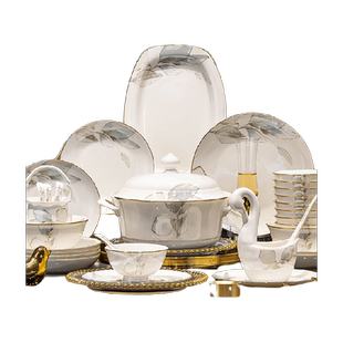 仟造轻奢碗碟套装家用简约中式风2024新款碗盘陶瓷景德镇餐具碗具