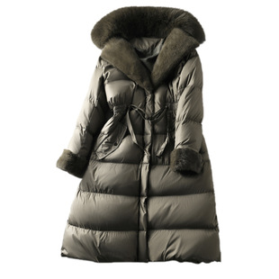 【雪乡暖】狐狸水貂毛领高端95白鹅绒羽绒服莫兰迪绿鹅绒中长外套