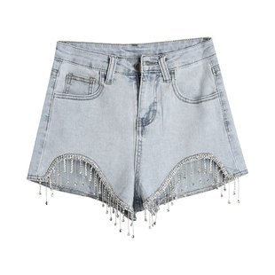 高腰牛仔短裤女2026夏装新款百搭大码胖妹妹显瘦阔腿流苏钉钻热裤