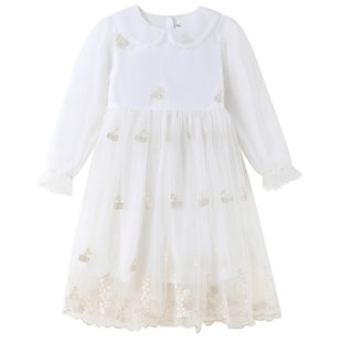 铅笔俱乐部童装2025春秋新款女童连衣裙刺绣儿童裙子网纱娃娃领