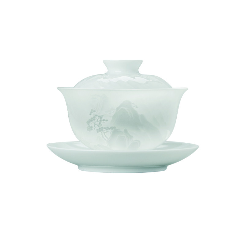 景德镇茶具影青浮雕三才盖碗泡茶