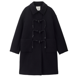 设计师款佐丹奴长款外套女装新款宽松翻领牛角扣羊毛大衣18375923