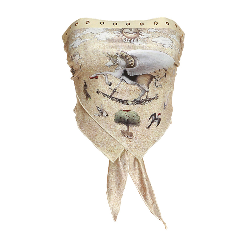 SylCue文艺复古印花设计感短款抹胸女修身显瘦辣妹露脐上衣背心夏