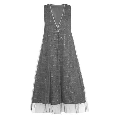 sdeer圣迪奥女装时尚V领撞色格纹网纱无袖连衣裙S223Z12DG