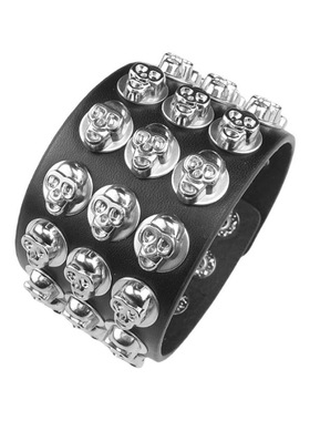 骷髅爱心圆形铁片黑皮革朋克手链