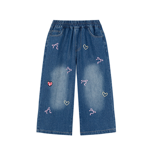 贝贝王国女童阔腿牛仔裤直筒长裤儿童春秋绣花可爱裤子蝴蝶结图案