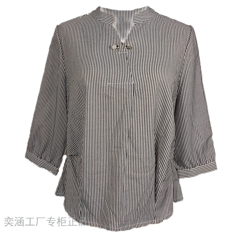 商场专柜夏女单层薄条纹上衣衬衫通勤法式衬衣宽松小个中长短款撤
