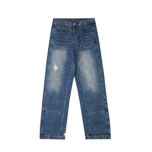 极路客2026新款秋冬裤子美式高街破洞裤男女款休闲宽松直筒牛仔裤